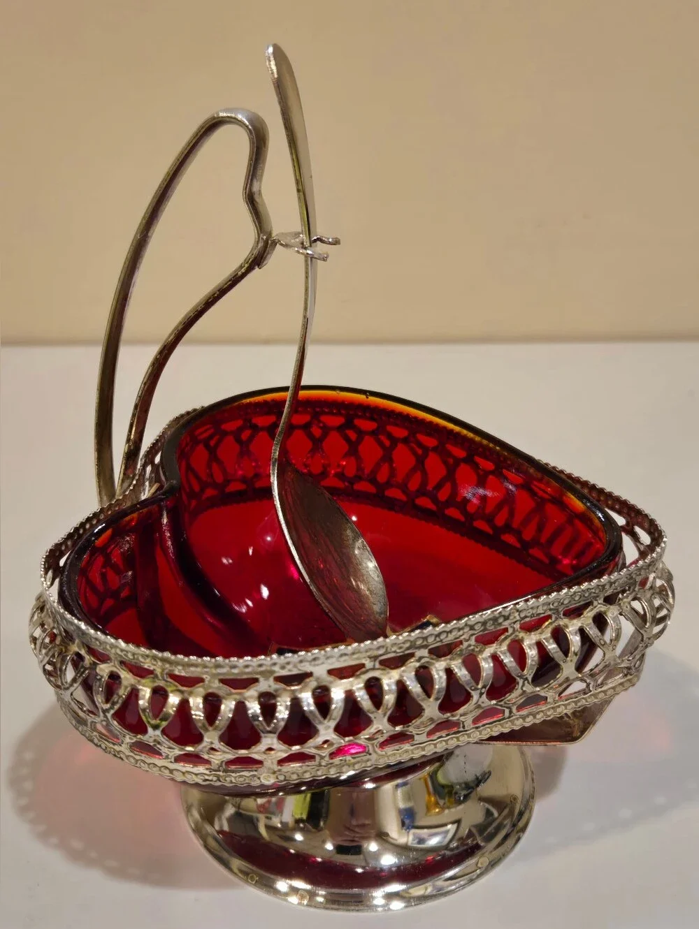 Vintage Brama Crystal Red Glass Heart Dish with Silver Spoon